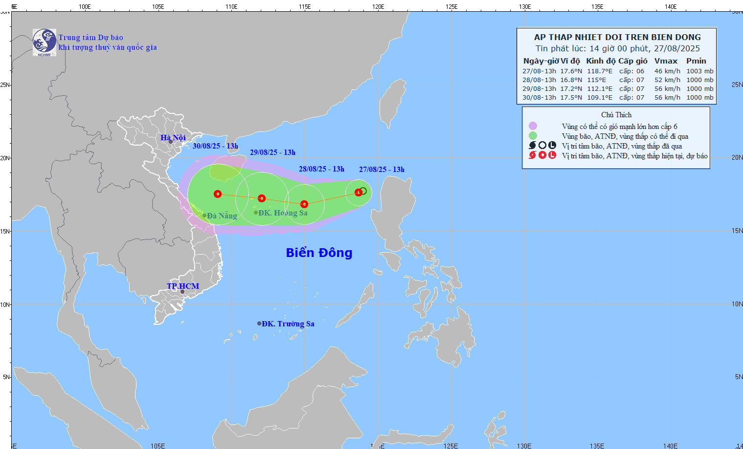 Áp thấp nhiệt đới trên Biển Đông di chuyển hướng Tây, khả năng mạnh thêm, gây gió mạnh và sóng lớn