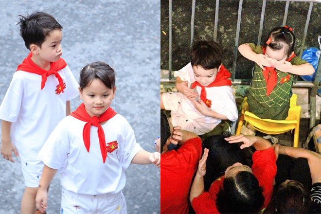 Mẹ con hoa hậu Đỗ Mỹ Linh và 2 cháu nội Bầu Hiển gây sốt khi xếp hàng ngồi chờ xem diễu binh