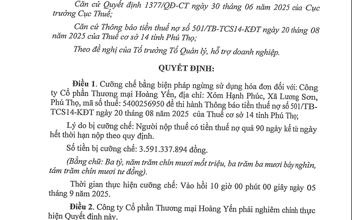 Nợ thuế Công ty CP Thương mại Hoàng Yến bị cưỡng chế ngừng sử dụng hóa đơn 