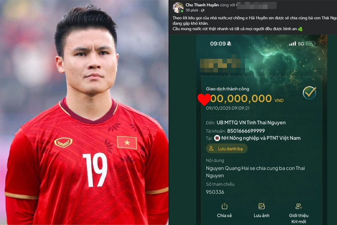 Vợ chồng Quang Hải ủng hộ bà con Thái Nguyên, số tiền chuyển khoản nhiều người nể