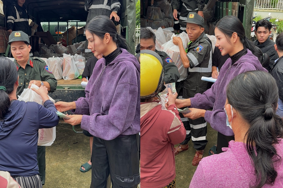 Hoàng Thùy lao vào tâm lũ, trực tiếp phát tiền mặt giúp đỡ bà con