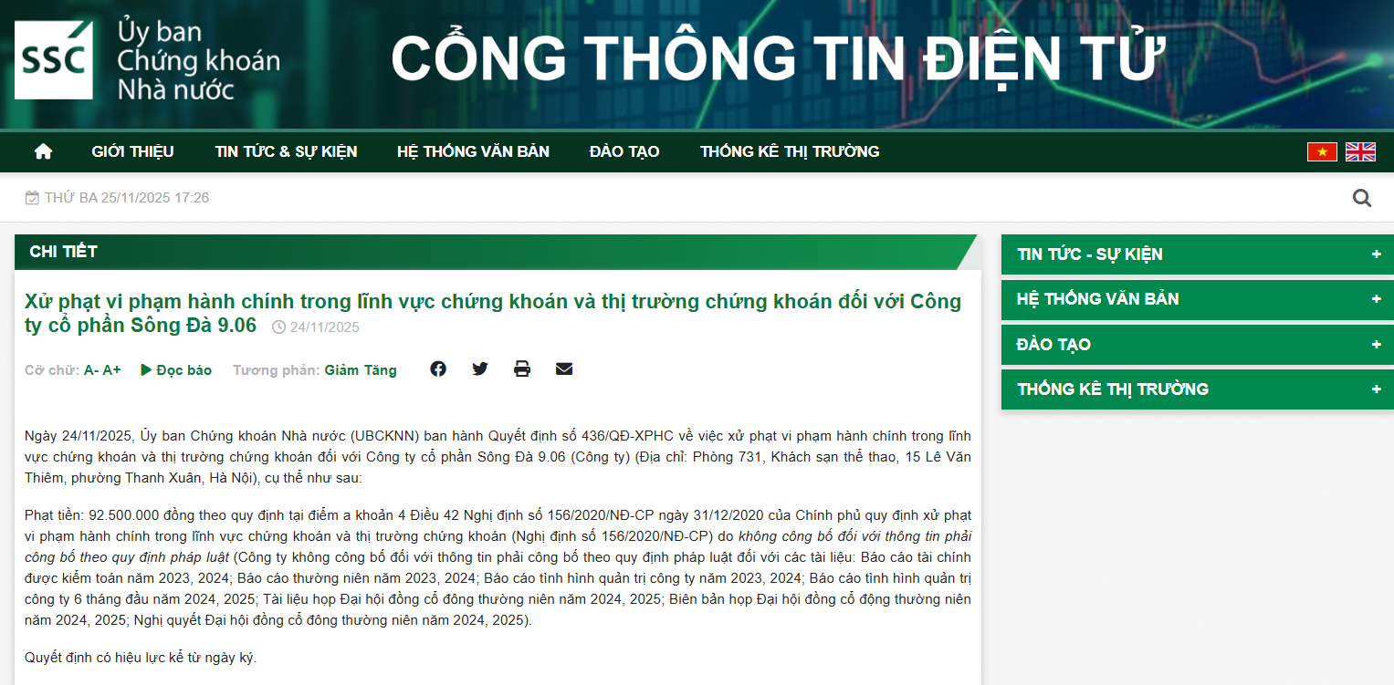 Sông Đà 9.06 bị phạt do không công bố hàng loạt báo cáo bắt buộc