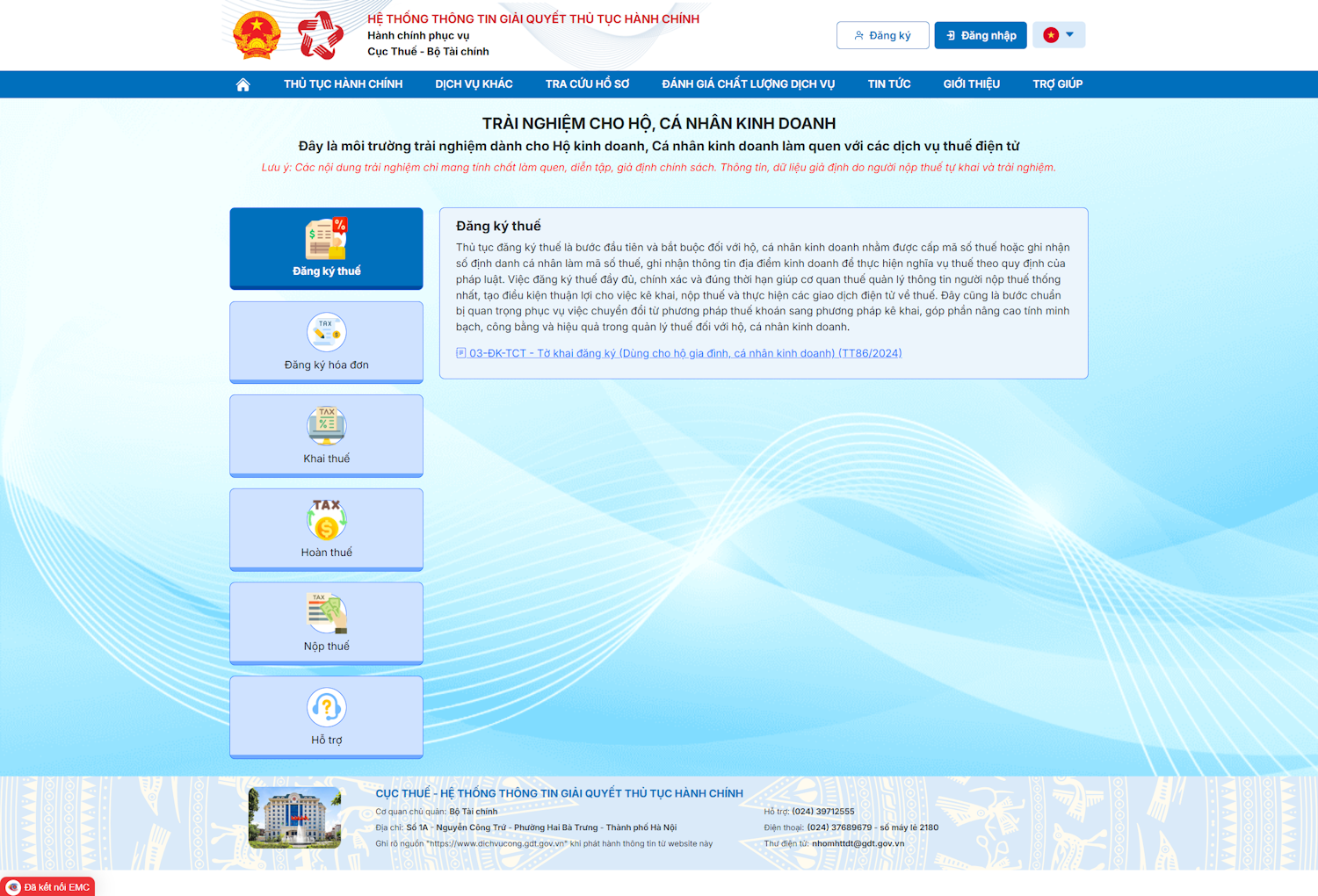 Cổng trải nghiệm thuế Môi trường giả lập hoàn chỉnh cho hộ, cá nhân kinh doanh