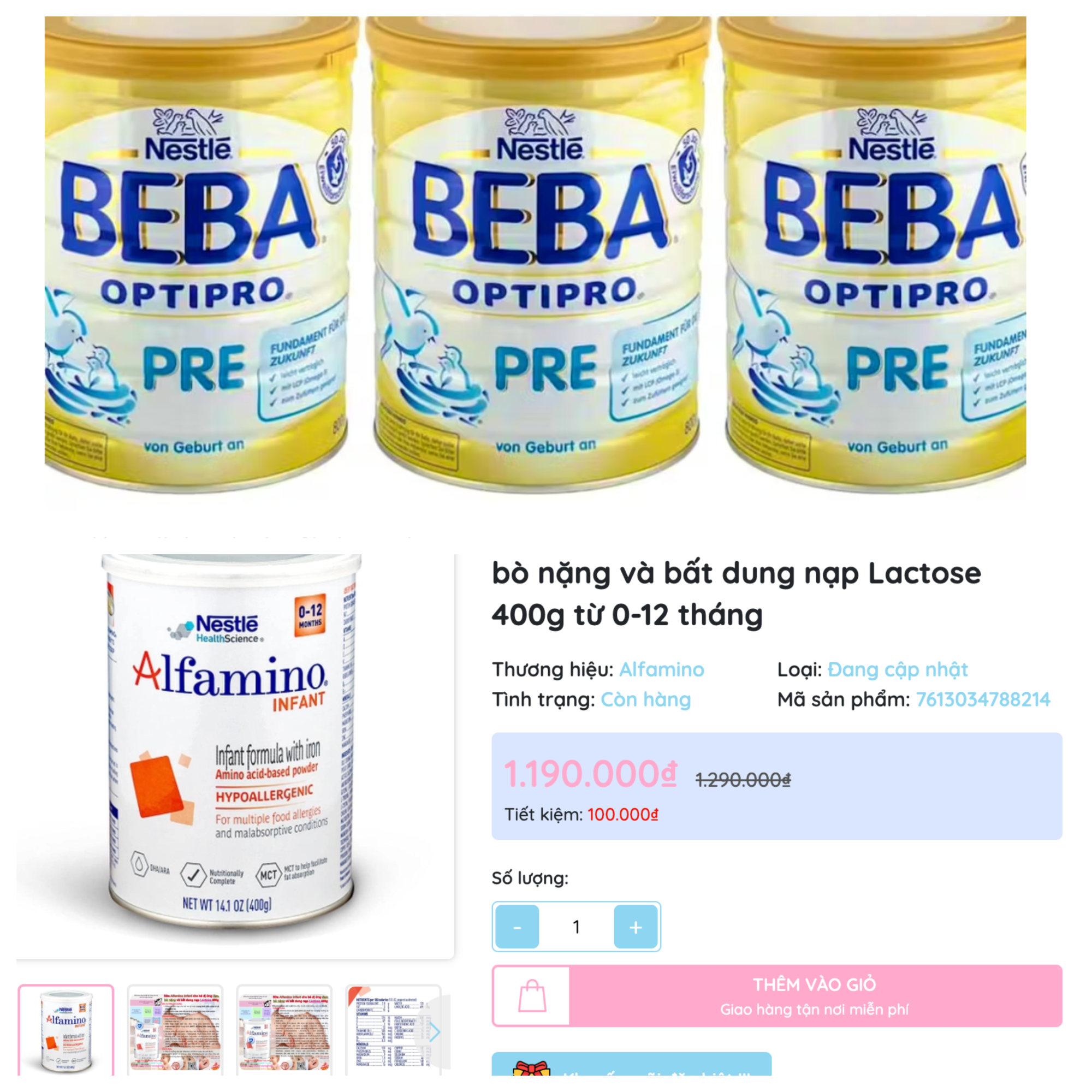 Bộ Y tế yêu cầu kiểm soát sữa bột trẻ sơ sinh Beba, Alfamino của Nestlé trên sàn thương mại điện tử