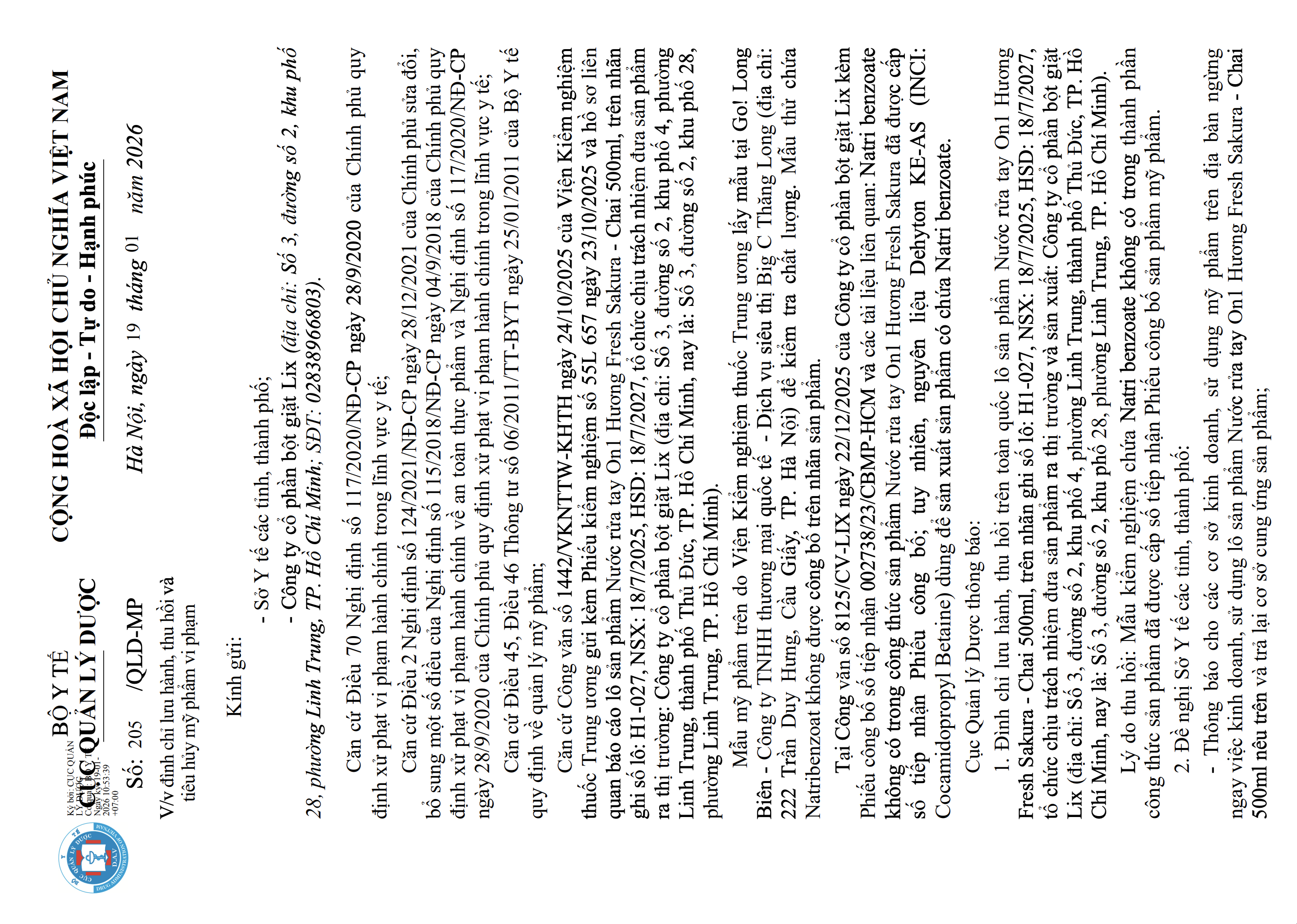 Sản phẩm quen thuộc của CTCP Bột giặt Lix bị thu hồi do vi phạm công bố thành phần