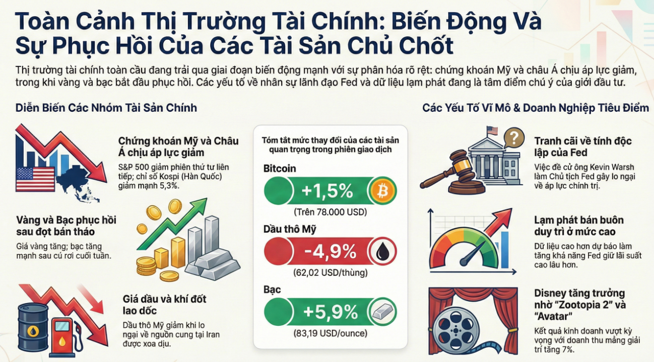 Phố Wall tăng điểm trở lại vàng và bạc hồi phục sau đợt biến động mạnh