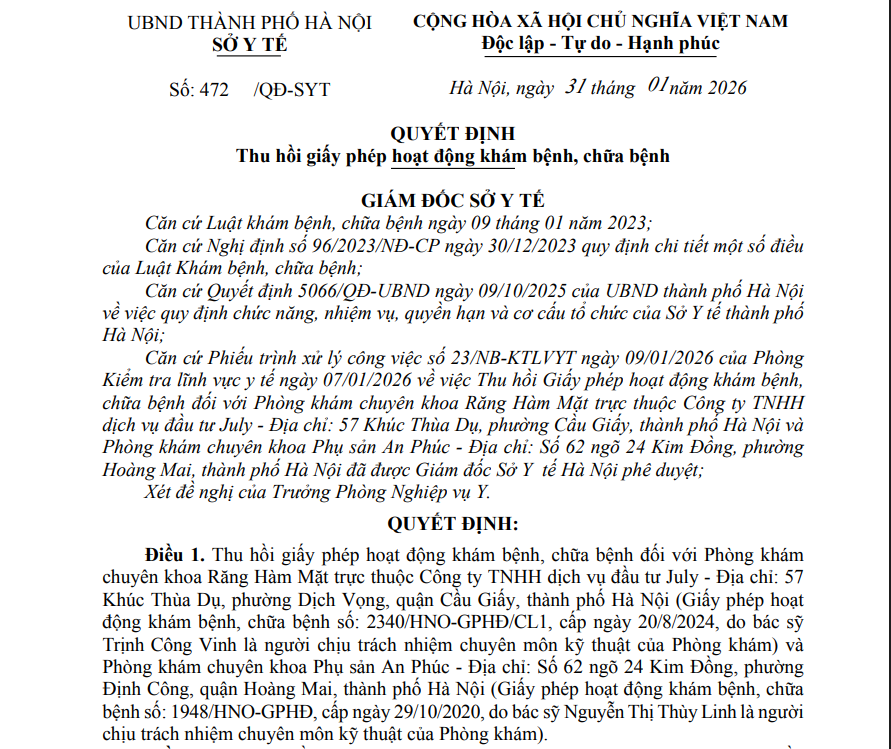 Hà Nội thu hồi giấy phép hoạt động khám, chữa bệnh 2 phòng khám trên địa bàn 