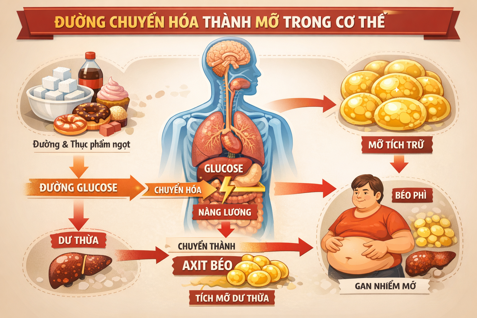 Đường dư thừa dễ chuyển hóa thành mỡ, làm tăng nguy cơ béo phì hợp lý