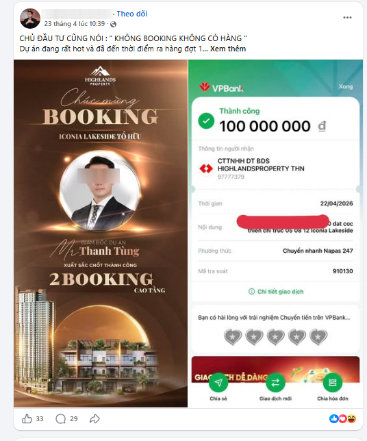 Iconia Lakeside 54 Tố Hữu Người mua đối mặt rủi ro “xuống tiền sai chỗ, sai thời điểm” với các giao dịch booking