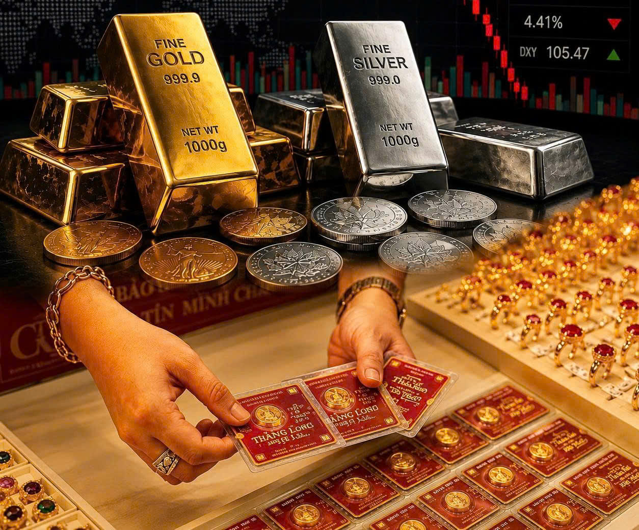 Giá vàng giảm trước áp lực từ kỳ vọng Fed giữ lãi suất cao
