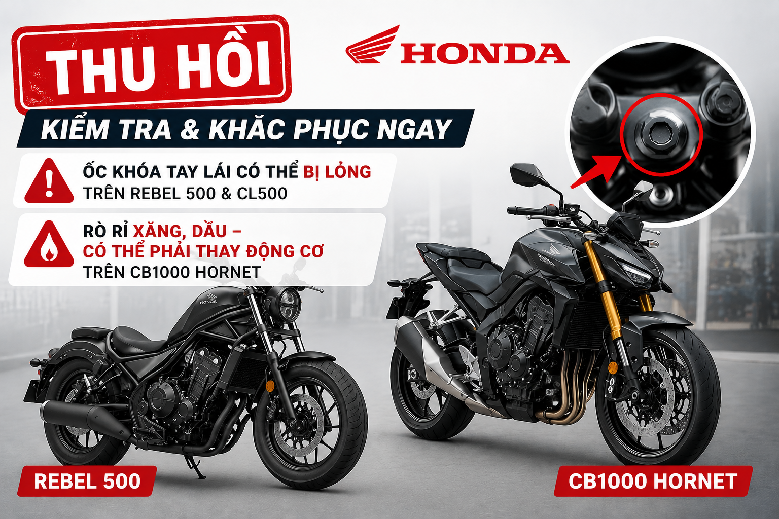 Honda triệu hồi nhiều mẫu mô tô phân khối lớn do nguy cơ mất an toàn khi vận hành