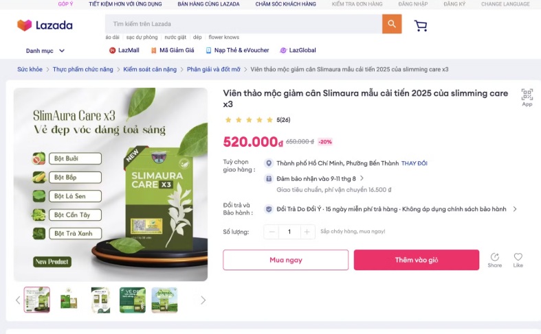 Cục An toàn thực phẩm yêu cầu Lazada, Shopee gỡ thông tin sản phẩm Slimaura Care x3