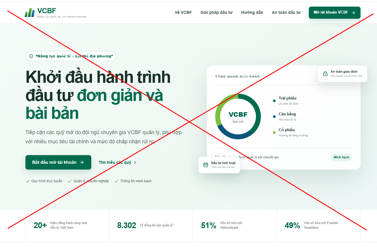 UBCKNN cảnh báo website giả mạo Công ty Quản lý quỹ Vietcombank